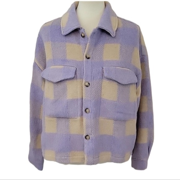 ACOA Plaid Shacket Oversized Jacket Purple Lavender Tan Button up Women's S/M - Picture 1 of 10